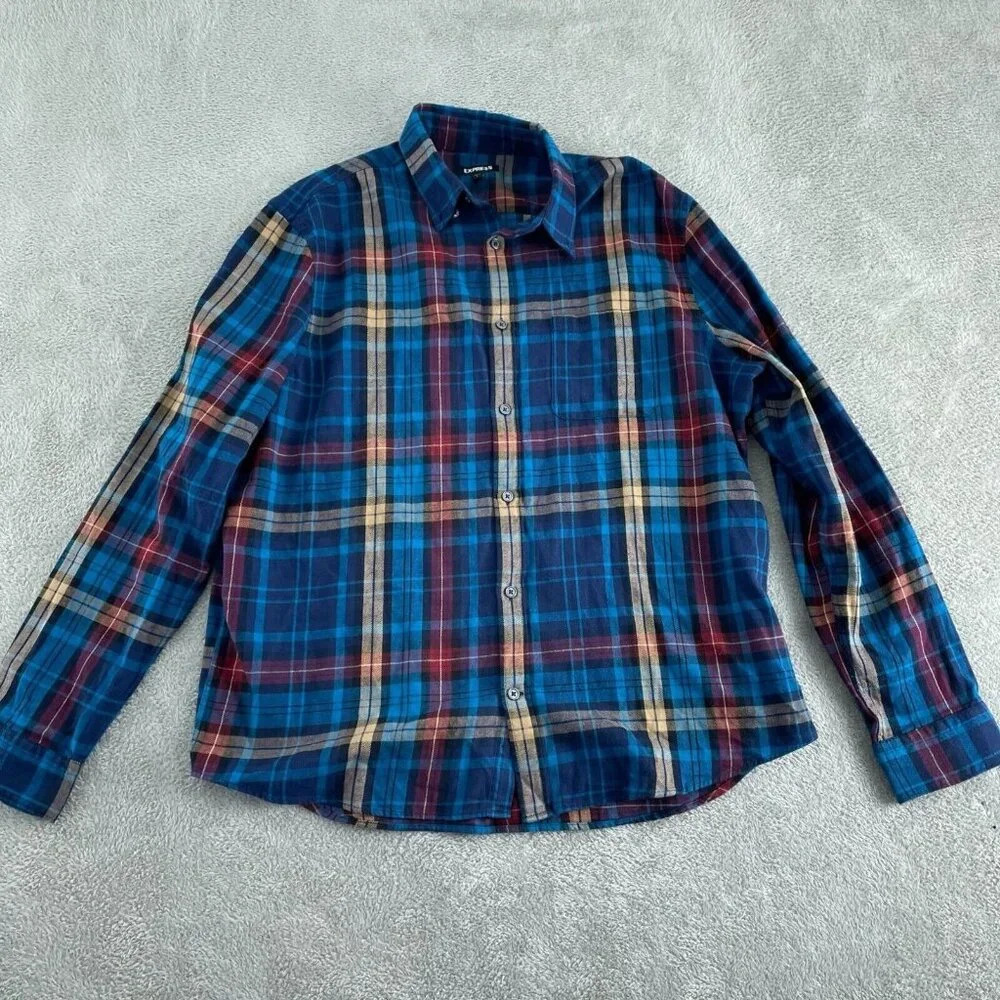 Mens Express Plaid Button-Up Shirt Large 4952